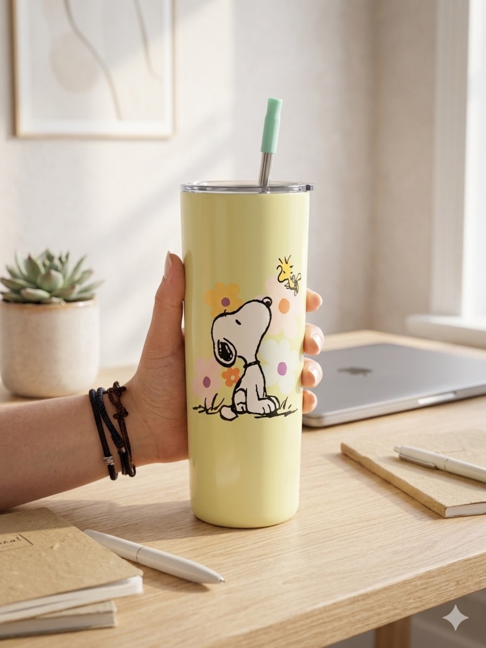 Snoopy Floral Stainless Steel Tumbler - Pale Yellow